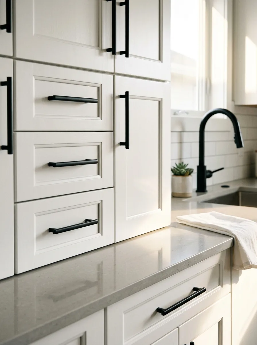 Industrial farmhouse design ideas featuring white shaker cabinets, matte black hardware, quartz countertops, and modern fixtures.