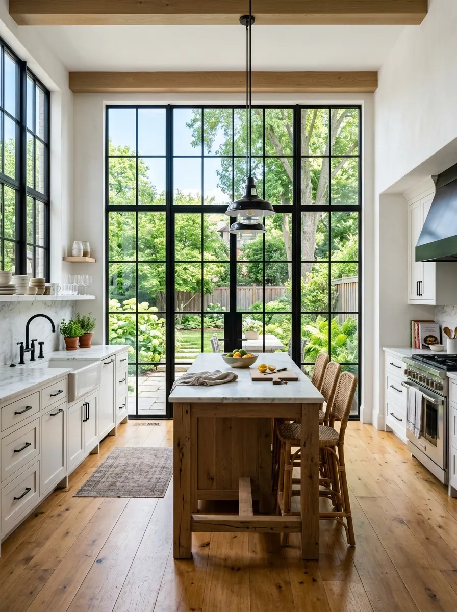 Industrial farmhouse design ideas showcasing black steel windows, wood island, bright kitchen layout, and garden views.