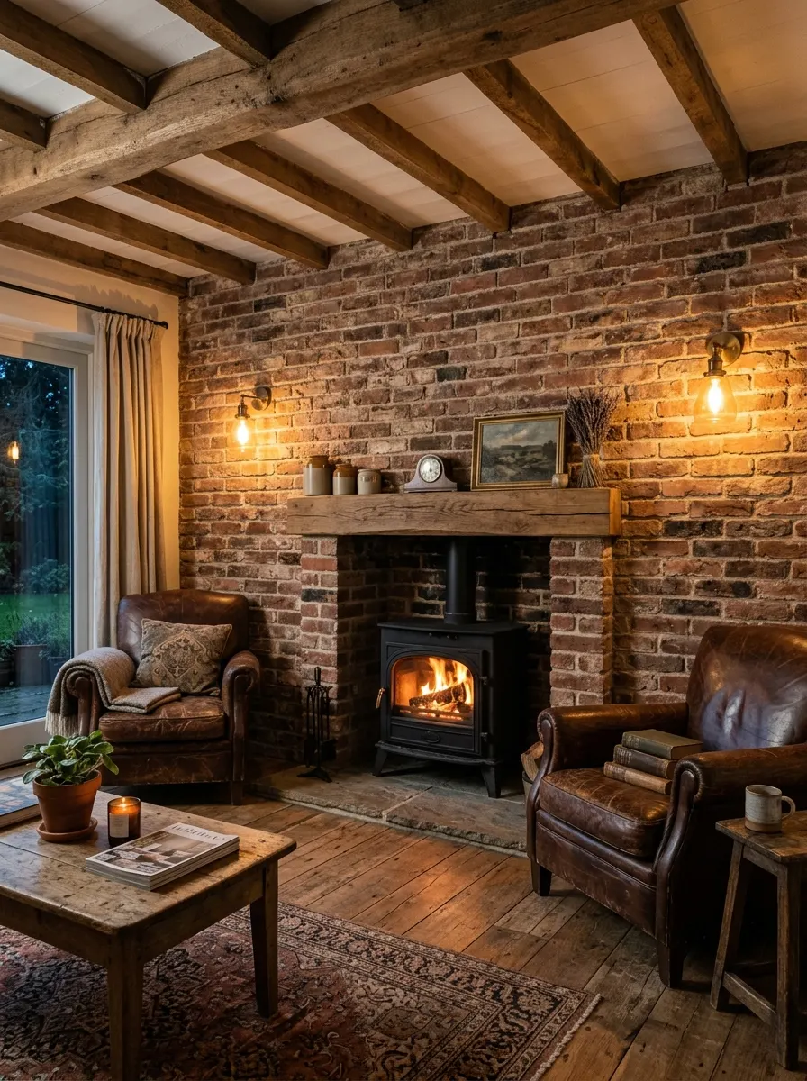 Industrial farmhouse design ideas featuring exposed brick fireplace walls, leather armchairs, wood flooring, and warm lighting.