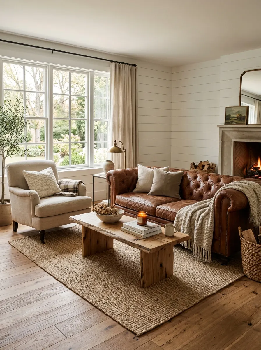Industrial farmhouse design ideas showcasing a cognac leather sofa, fireplace, woven rug, and neutral living room accents.
