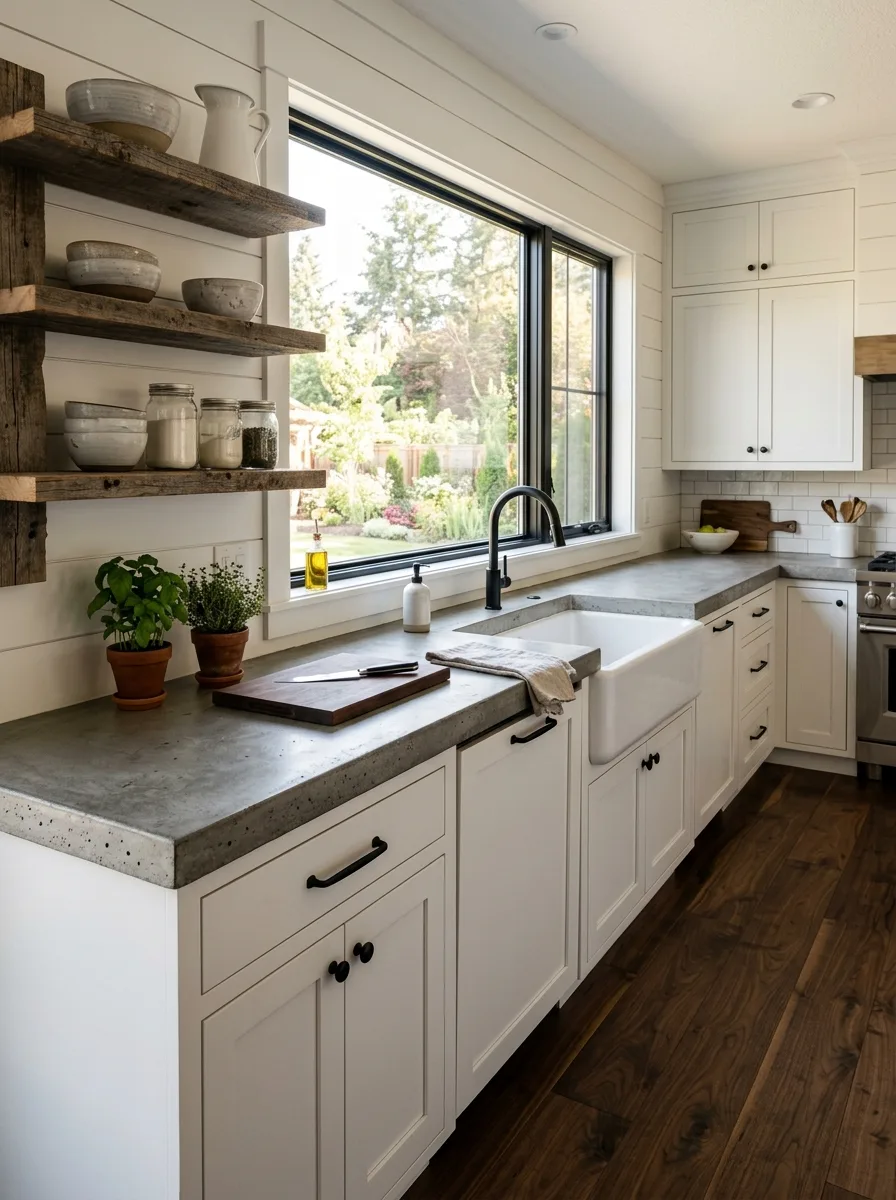 Industrial farmhouse design ideas showcasing concrete countertops, floating wood shelves, farmhouse sink, and greenery.