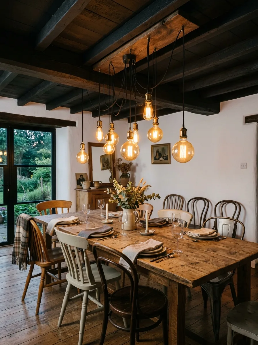 Industrial farmhouse design ideas highlighting Edison bulb lighting, rustic dining table, mixed chairs, and wood beams.