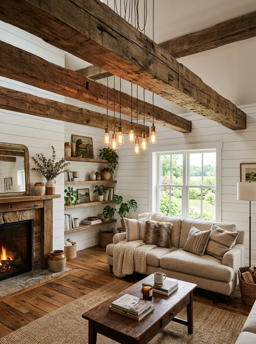 Industrial farmhouse design ideas highlighting exposed timber beams, cozy seating, fireplace, and layered rustic décor.
