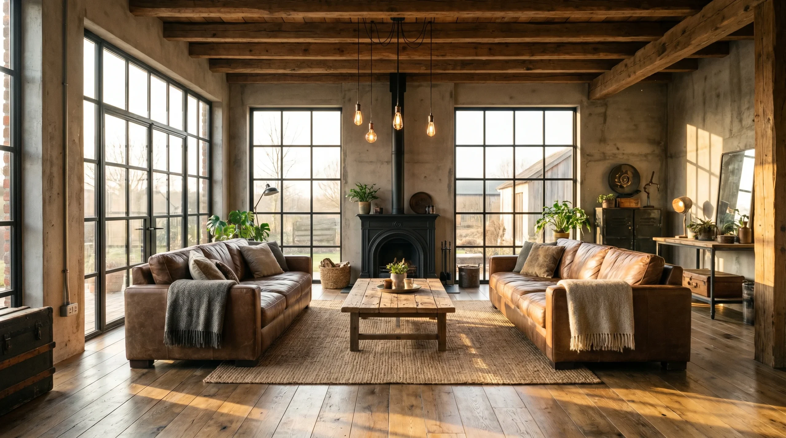 Industrial farmhouse design ideas featuring exposed wood beams, leather sofas, black fireplace, and large steel windows.