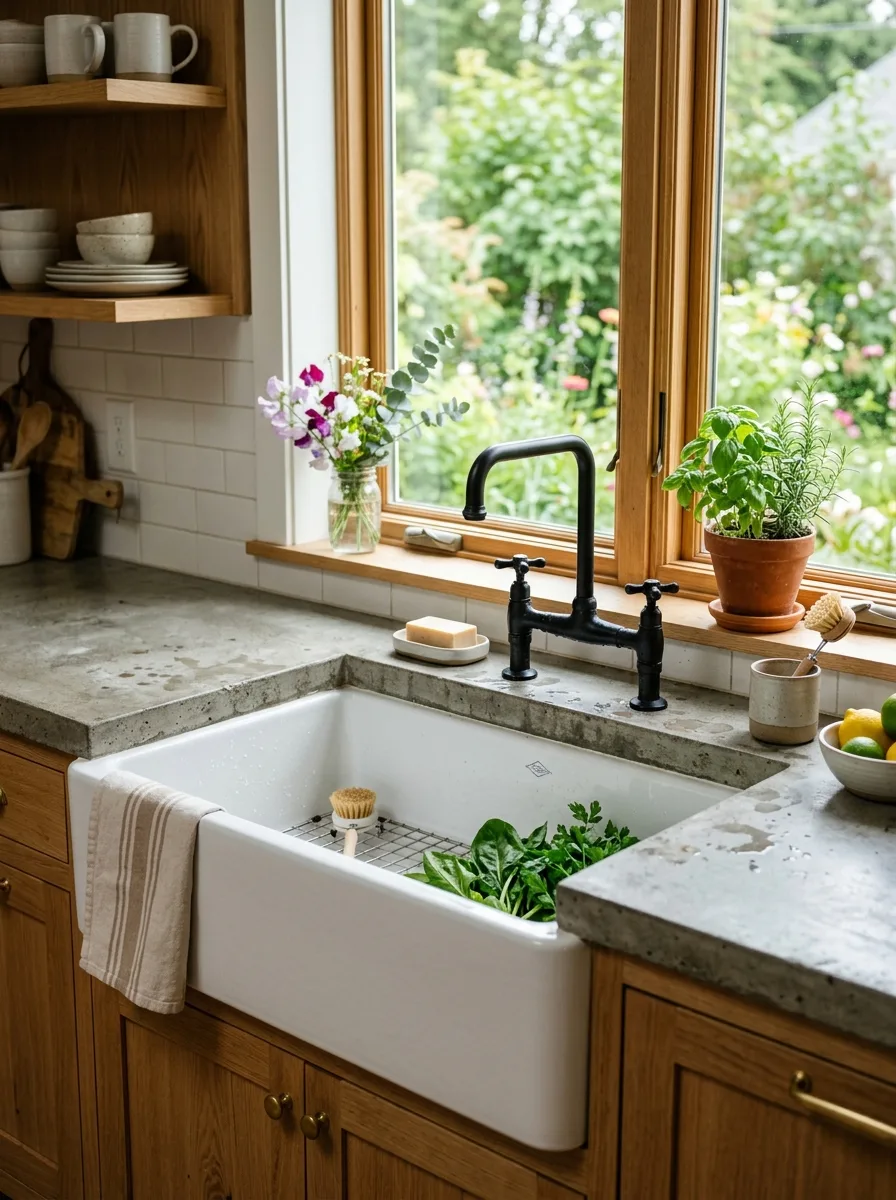 Industrial farmhouse design ideas showcasing an apron-front sink, wood cabinetry, stone counters, and garden views.