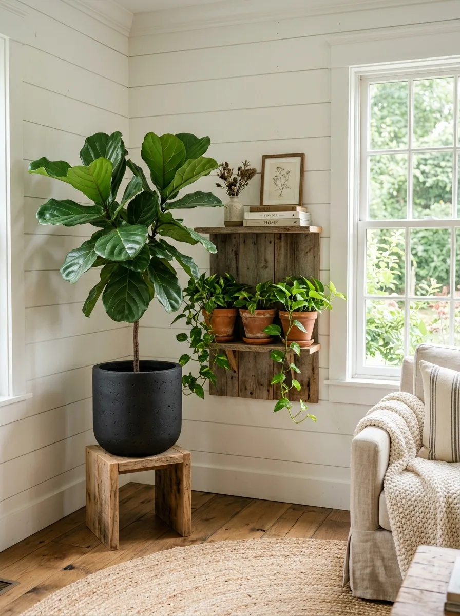 Industrial farmhouse design ideas featuring indoor plants, rustic wood shelving, natural textures, and bright interiors.