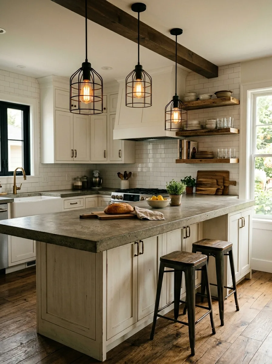 Industrial farmhouse design ideas highlighting pendant cage lights, spacious kitchen island, wood accents, and open shelving.