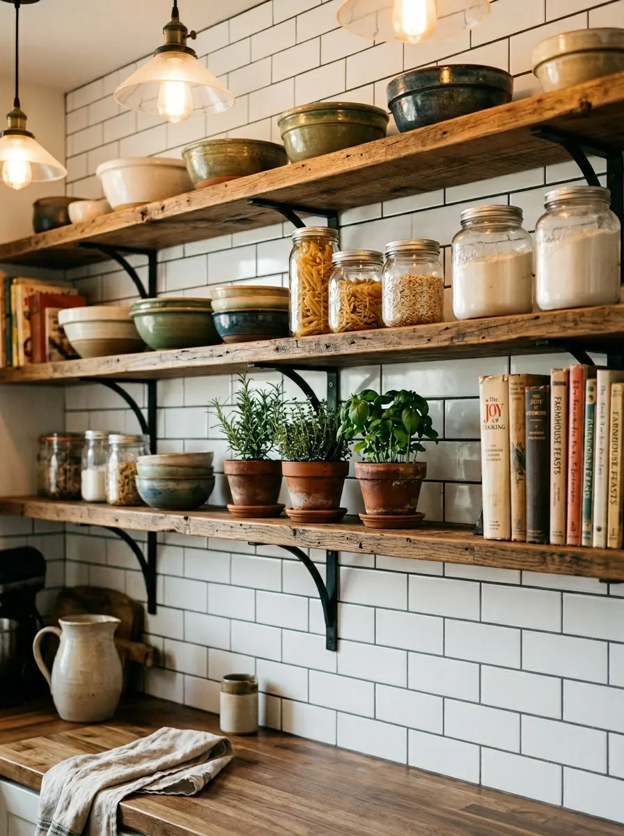 Industrial farmhouse design ideas featuring rustic open shelves, ceramic dishes, potted herbs, and subway tile walls.