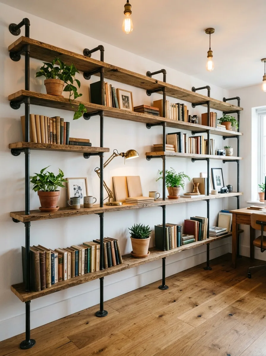 Industrial farmhouse design ideas featuring pipe shelving, wood planks, books, plants, and a stylish home workspace.