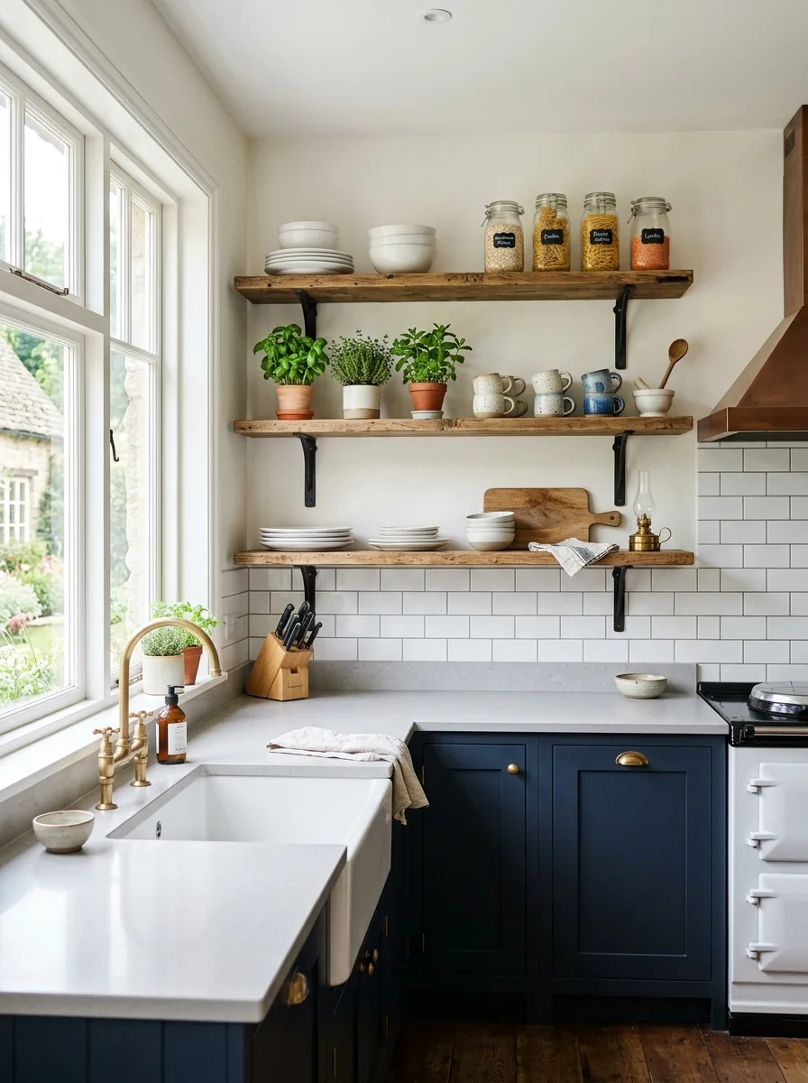 Industrial farmhouse design ideas featuring open shelving, navy cabinets, brass fixtures, and farmhouse-inspired storage.