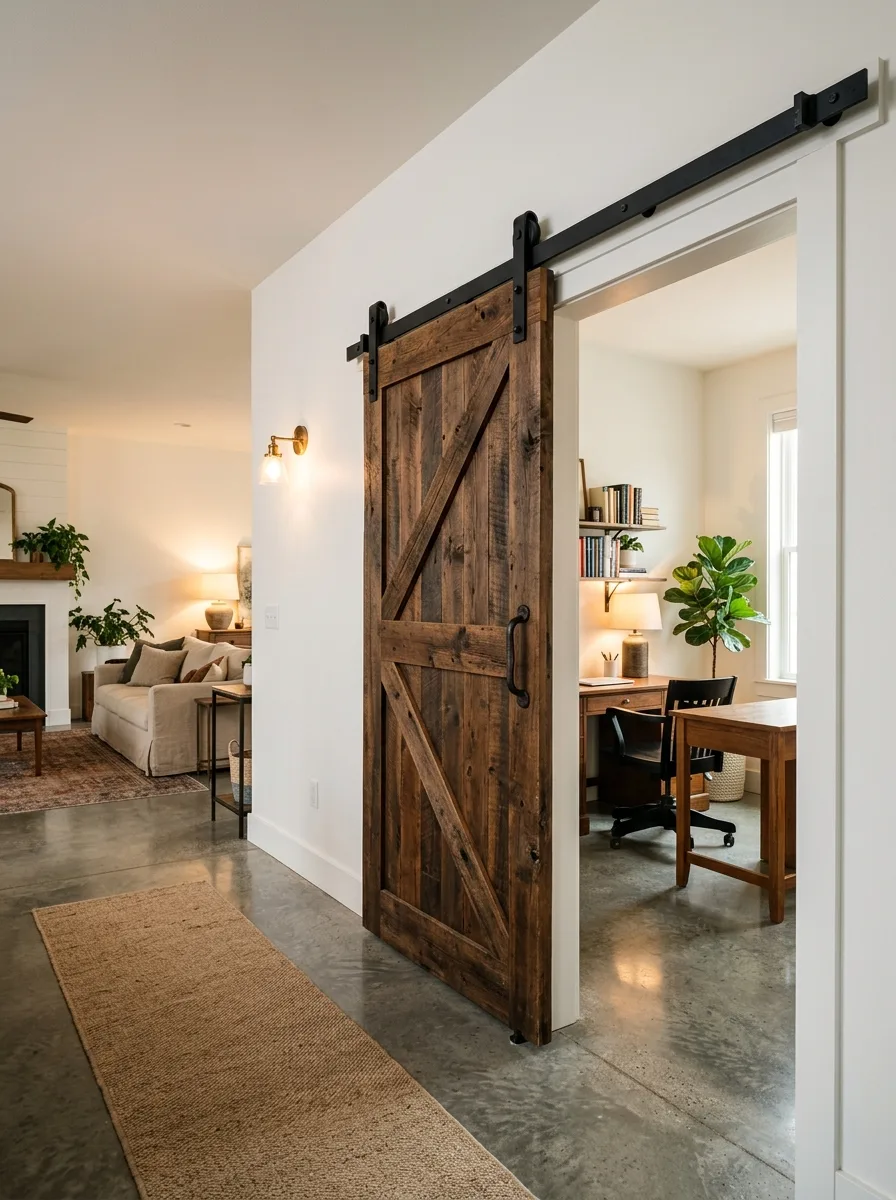 Industrial farmhouse design ideas showcasing a reclaimed wood barn door, black steel hardware, and modern home office.