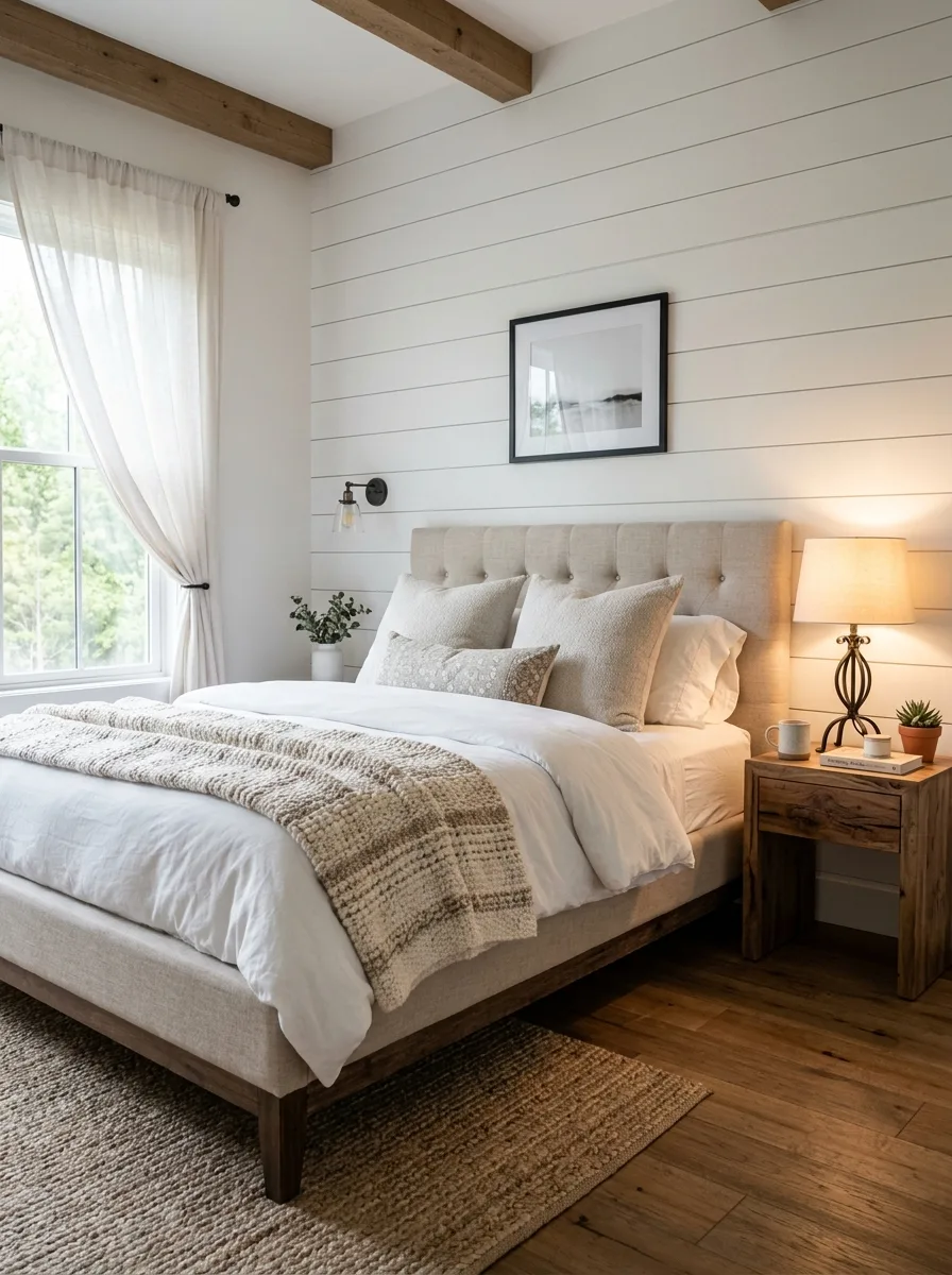 Industrial farmhouse design ideas featuring a shiplap accent wall, upholstered bed, wood beams, and layered textiles.