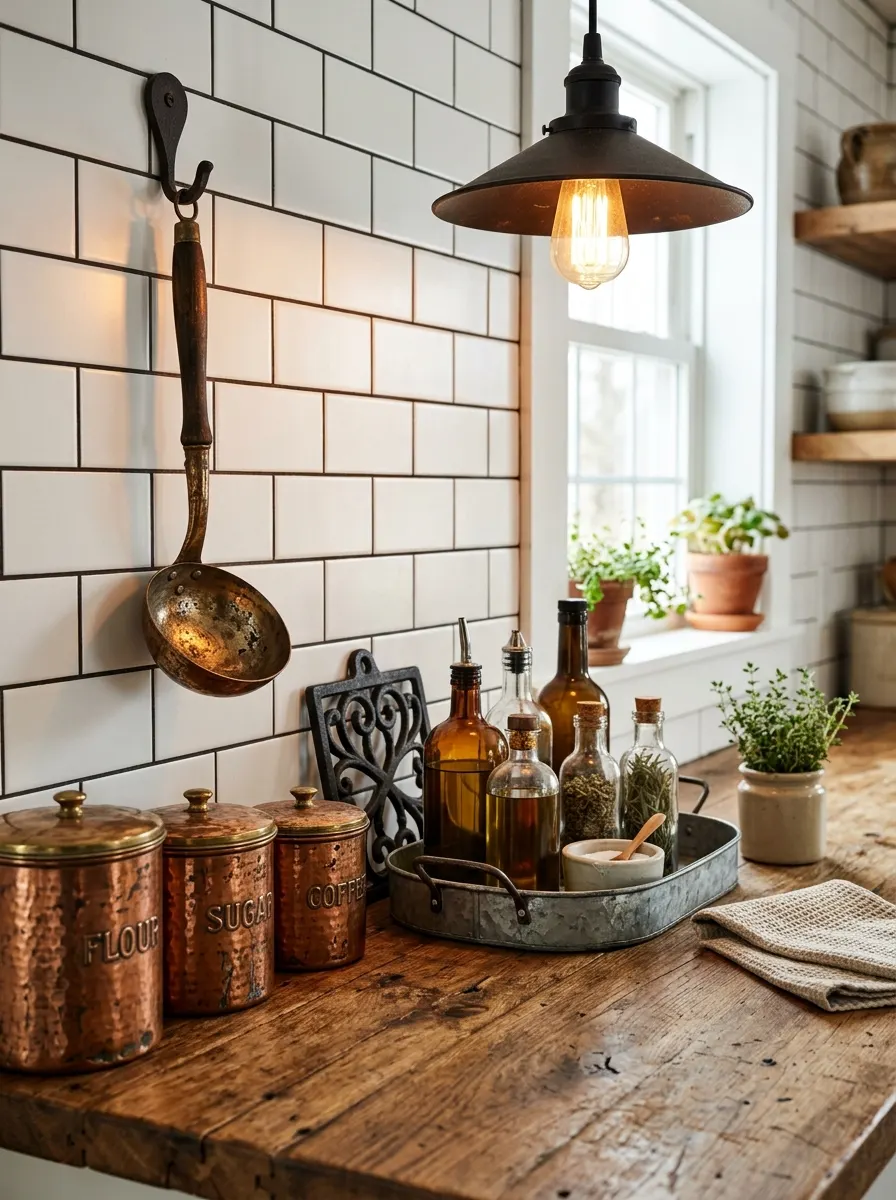 Industrial farmhouse design ideas featuring copper canisters, subway tile backsplash, rustic wood counters, and herbs.