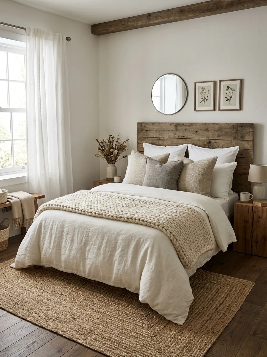 Industrial farmhouse design ideas with a reclaimed wood headboard, chunky knit throw, neutral bedding, and jute rug.