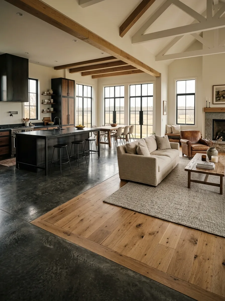 Industrial farmhouse design ideas showcasing an open-concept layout, timber beams, large windows, and mixed materials.