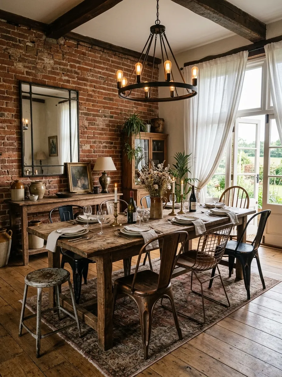 Industrial farmhouse design ideas featuring exposed brick walls, reclaimed wood furniture, metal chairs, and warm lighting.