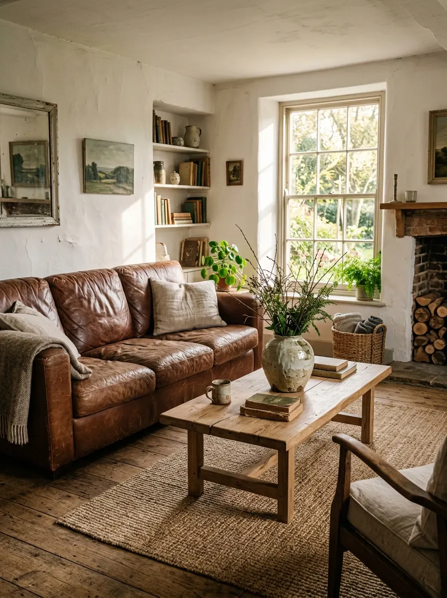 Industrial farmhouse design ideas featuring leather seating, wooden coffee table, vintage décor, and cozy fireplace corner.