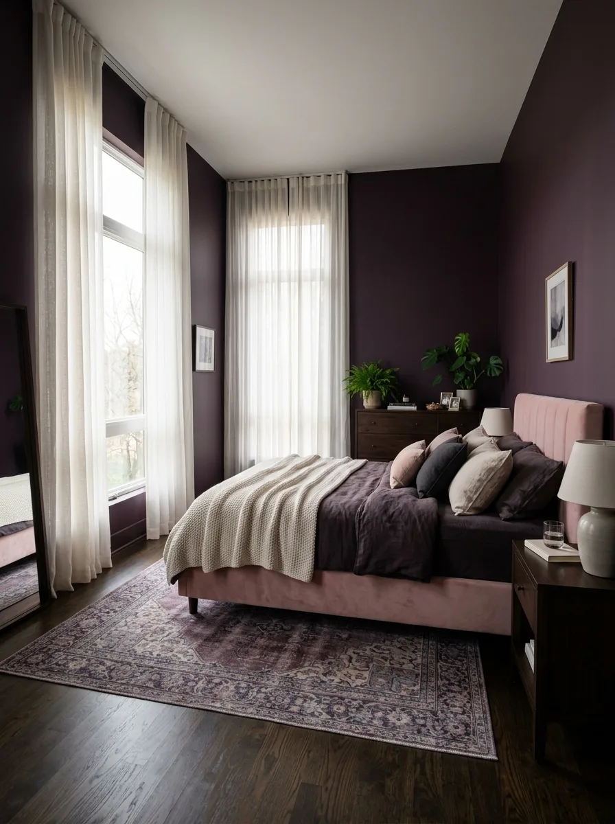 17 Dark Elegant Bedroom Ideas That Feel Cozy, Not Heavy 6 Deep plum dark bedroom walls with ivory sheer linen curtains allowing soft natural light to filter in beside upholstered blush bed