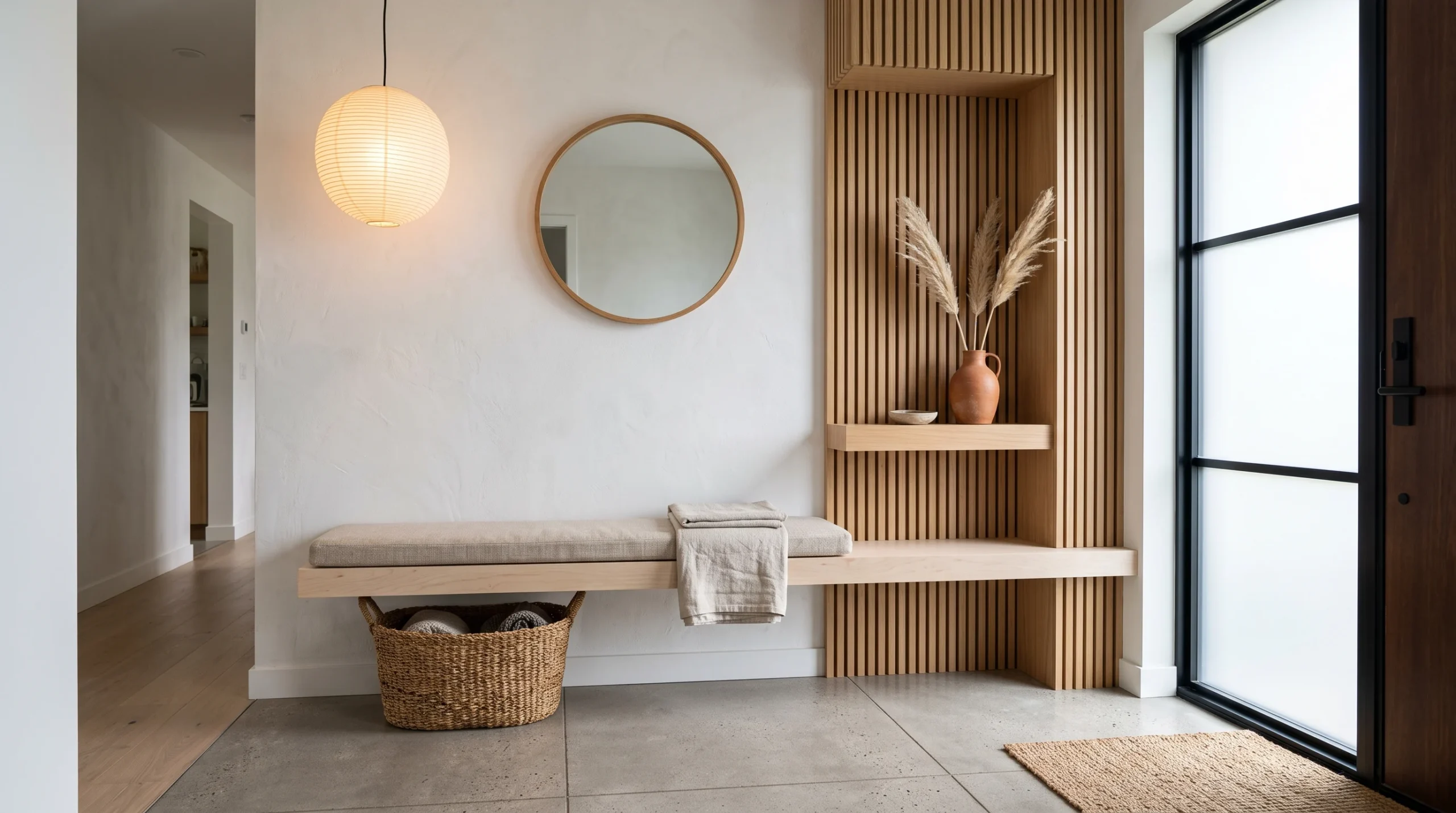 Warm japandi entryway ideas featuring pale birch bench, vertical oak slats, terracotta vase and paper lantern pendant