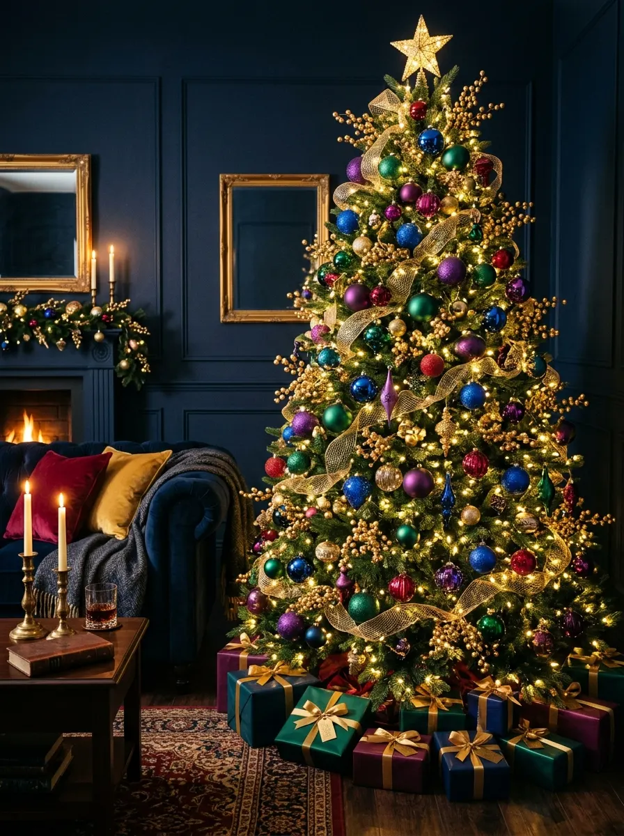Christmas tree featuring jewel-toned ornaments, gold ribbon garlands, and warm lighting in a dramatic blue room.