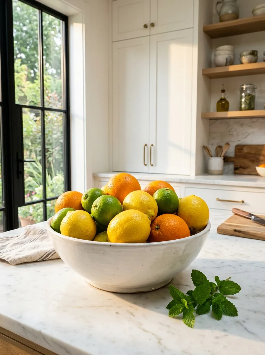 White ceramic bowl filled with lemons, limes, and oranges on a marble countertop in a bright kitchen.