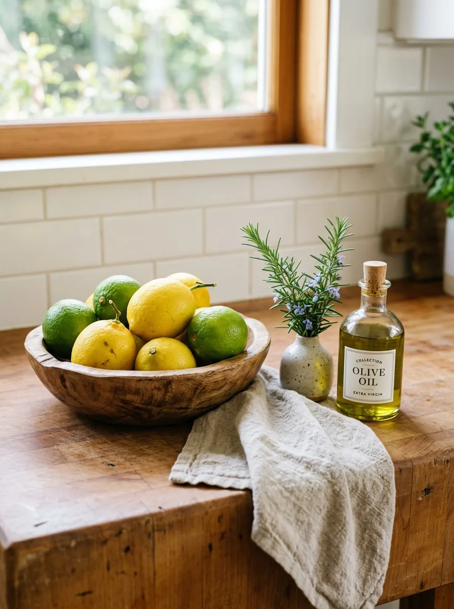 Wooden countertop vignette with lemons, limes, olive oil bottle, linen cloth, and rosemary in a ceramic vase.