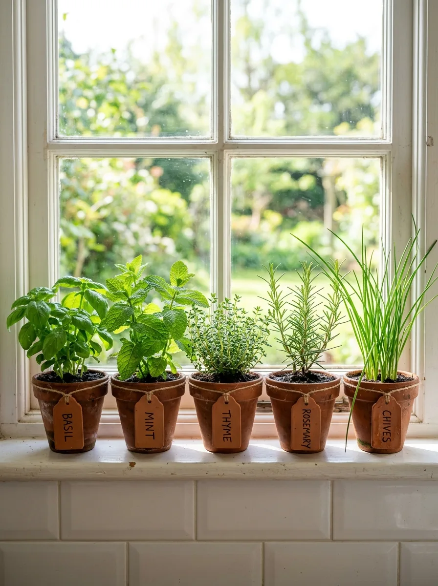 Terracotta pots labeled basil, mint, thyme, rosemary, and chives arranged on a bright kitchen windowsill.