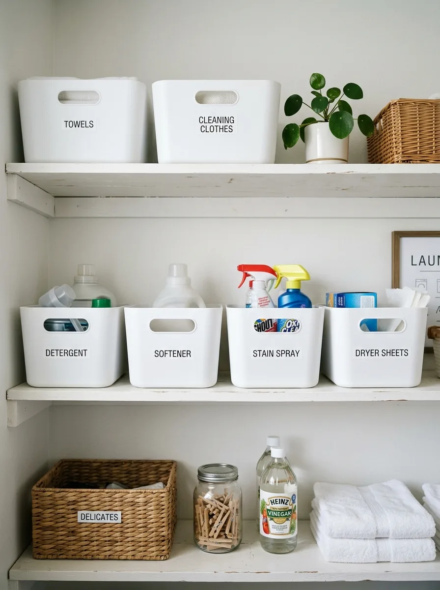 White labeled bins on laundry room shelves organized with black font labels — small laundry room ideas for tidy storage