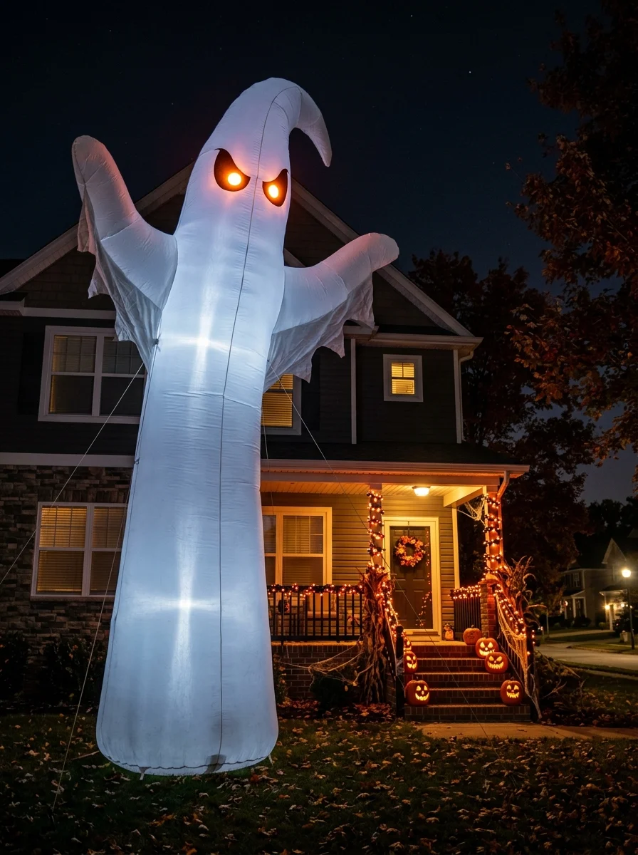 Oversized illuminated ghost inflatable displayed on a lawn beside a pumpkin-lined porch at night.
