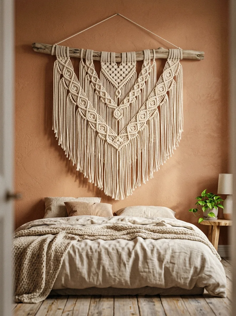 Bedroom with a woven macramé wall hanging, textured bedding, wooden nightstand, and earthy terracotta wall color.