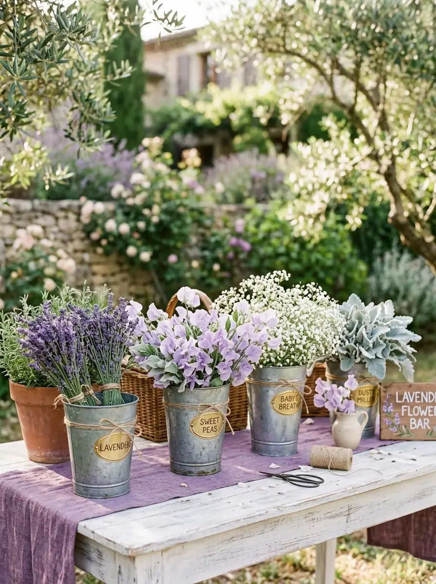 Lavender inspired bloom bar ideas with sweet peas and baby's breath in vintage tin buckets on a whitewashed table