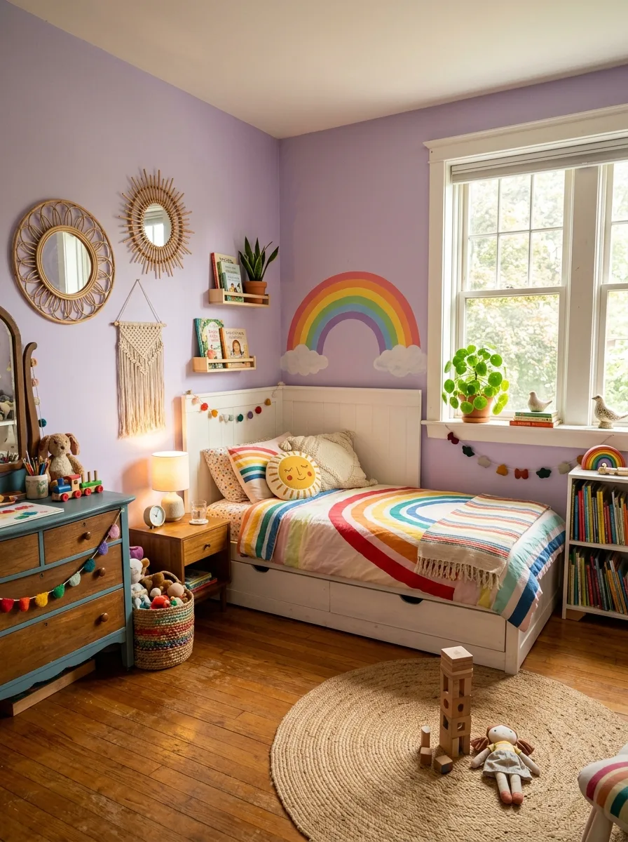 Lavender kids bedroom with rainbow mural, white platform bed, rattan mirrors, and macramé in a whimsical bedroom
