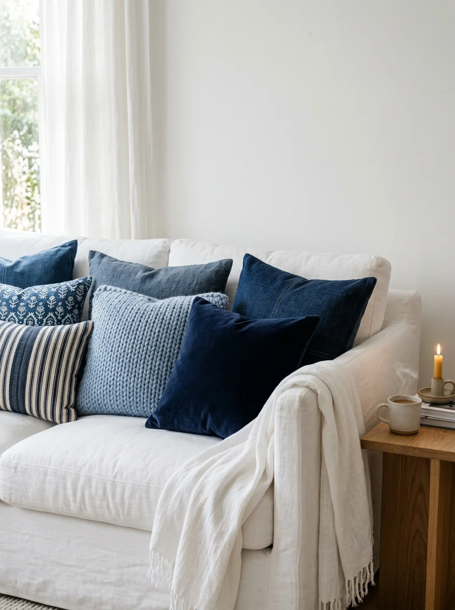 White sofa with layered blue throw pillows in navy, slate and powder blue for white and blue living room