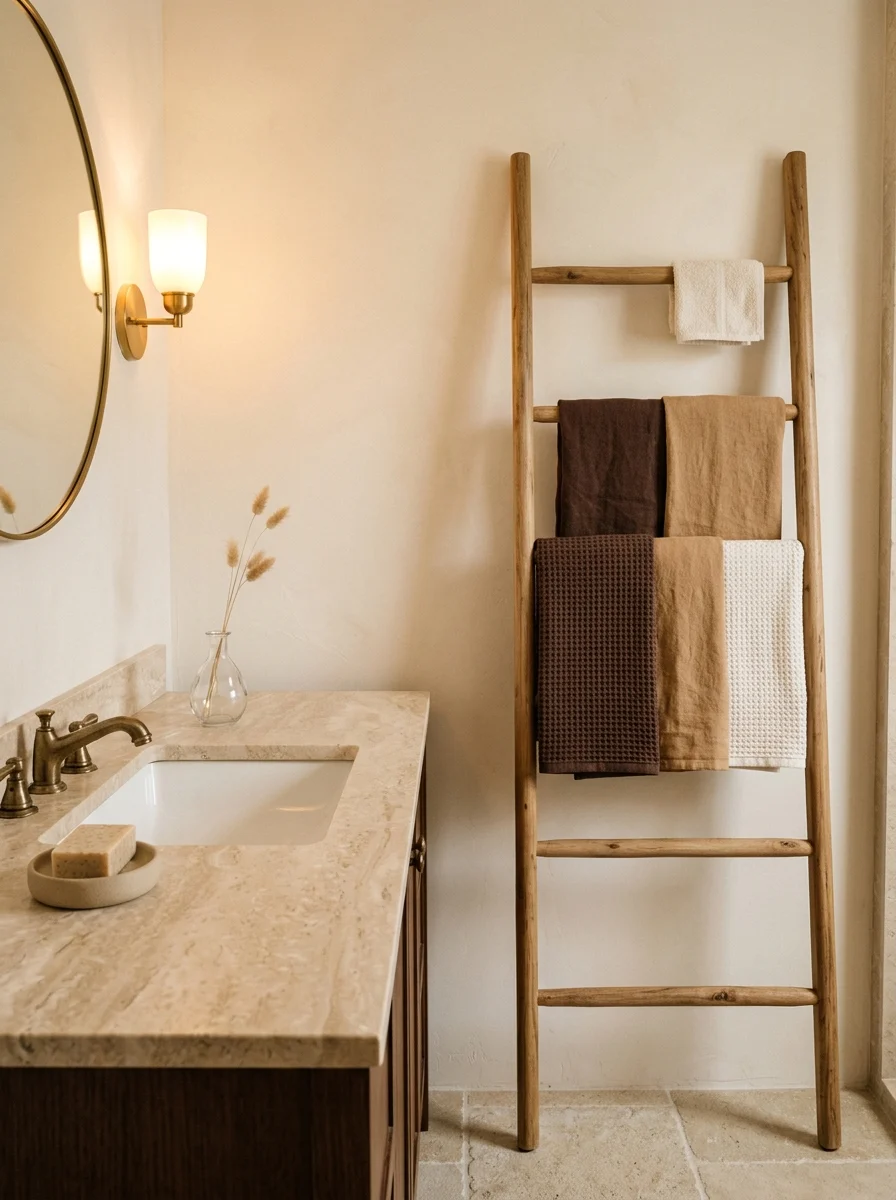 Chocolate brown and camel linen towels on wooden ladder rack in a beige and brown bathroom styling