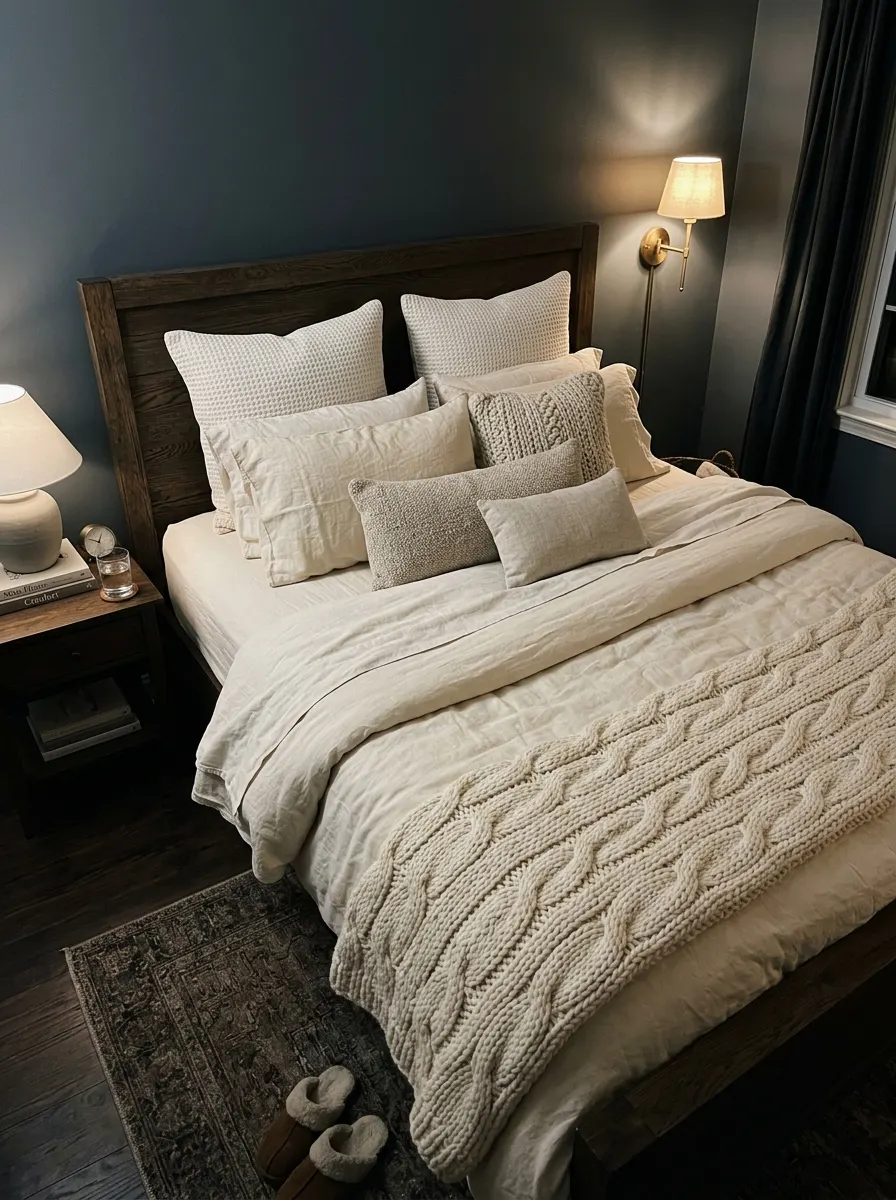 17 Dark Elegant Bedroom Ideas That Feel Cozy, Not Heavy 3 Cream and ivory layered linen bedding with chunky knit throw against slate gray walls in a dark elegant bedroom