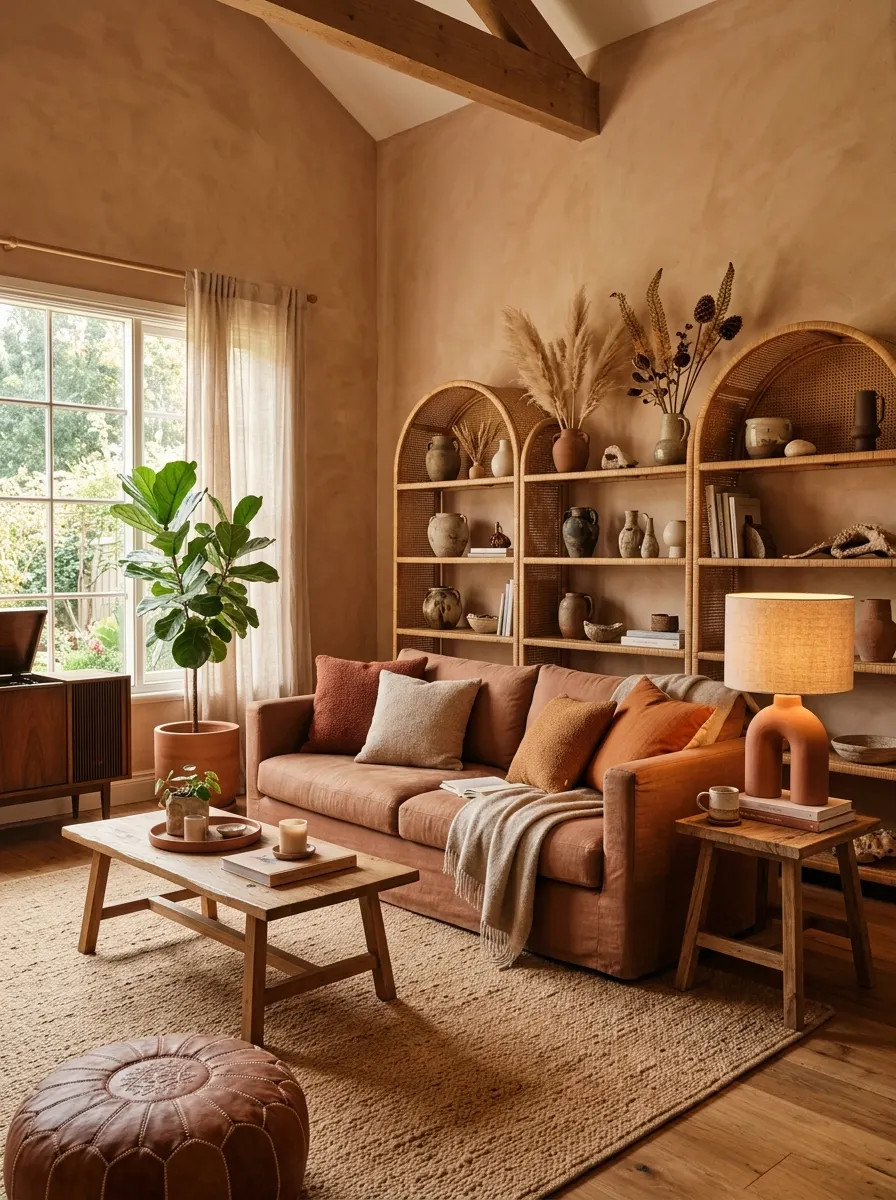 Earthy layered living room with terracotta sofa, camel rug, rattan shelves and dried grasses in warm afternoon light