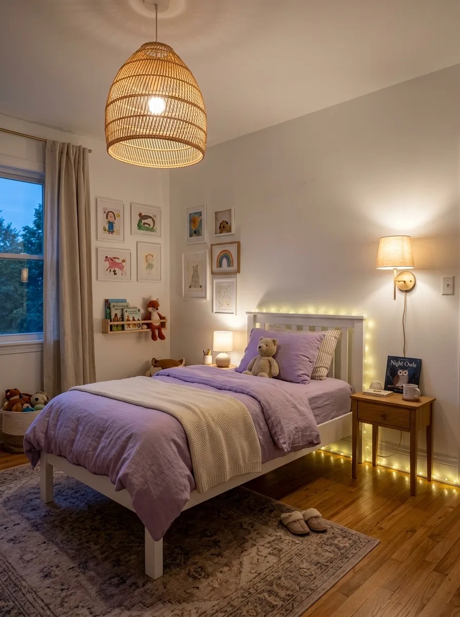 Three-layer lighting in a kids bedroom with rattan pendant, wall sconce, and fairy lights along the baseboard
