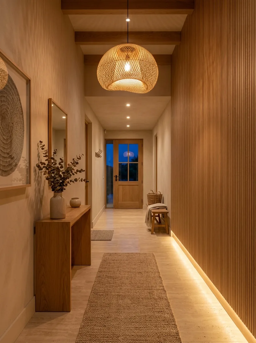 Japandi entryway style with layered recessed lights, LED base strips, rattan pendant and pale stone flooring