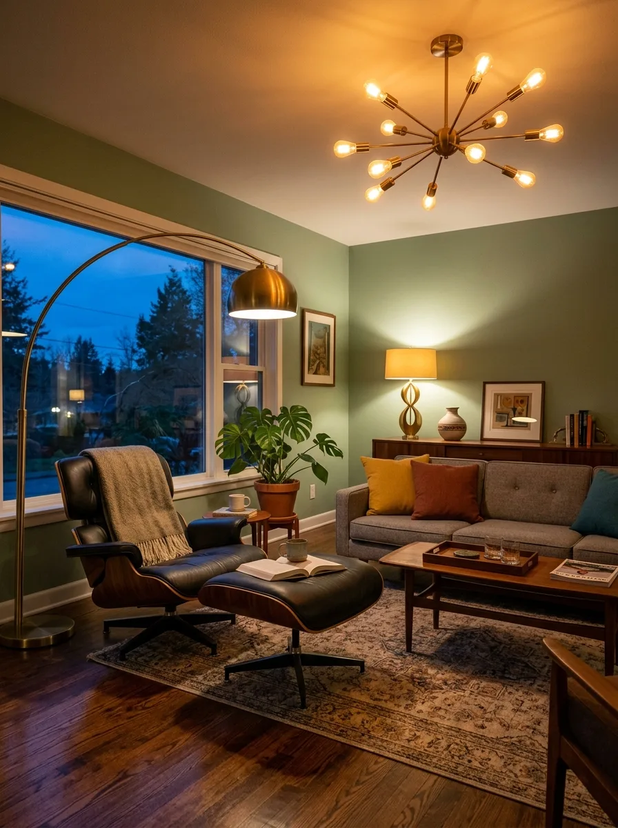 Living room featuring brass lighting, lounge chair, green walls, sofa, and warm ambient evening atmosphere.
