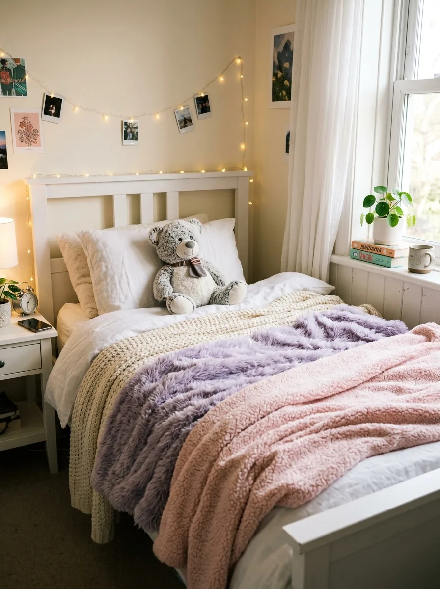 Teen bedroom bed with layered pastel pink lavender and cream fuzzy throw blankets and a plush stuffed animal on white headboard