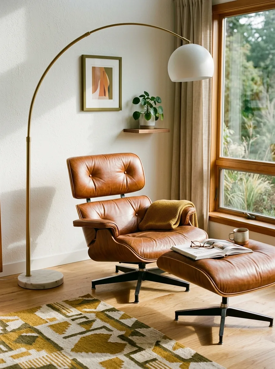 Brown leather lounge chair with ottoman beside brass floor lamp, window, and patterned area rug.