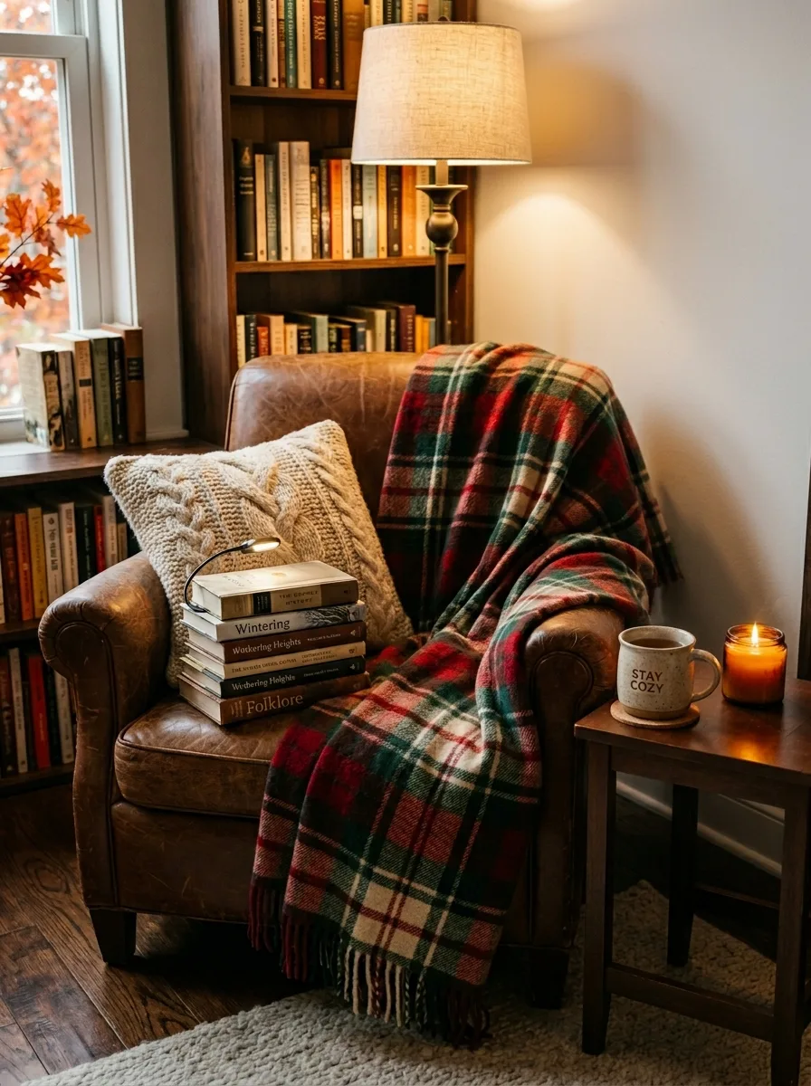 Brown leather armchair styled with a plaid throw, knitted cushion, books, floor lamp, and candle beside bookshelves.