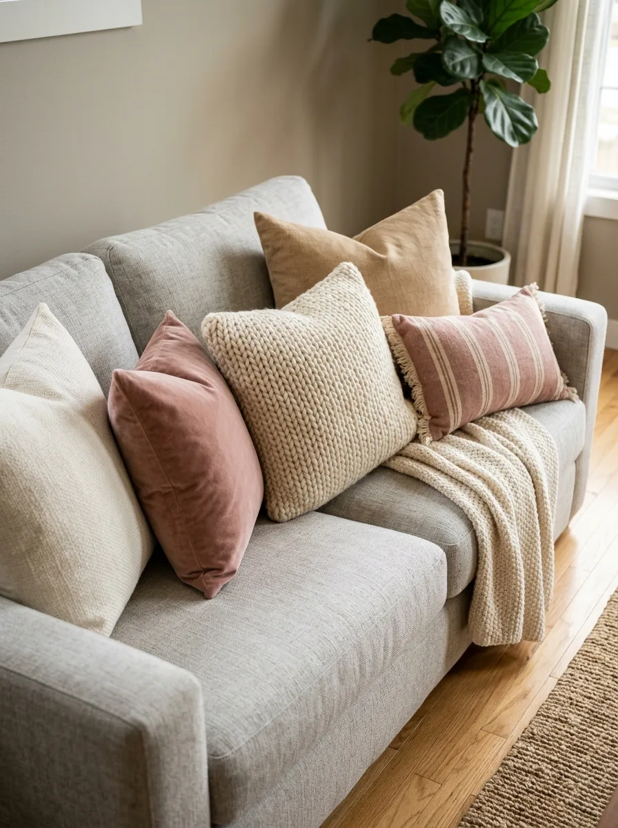 Modern gray sofa layered with textured cream and blush pillows, knit throw, and warm neutral decor tones.