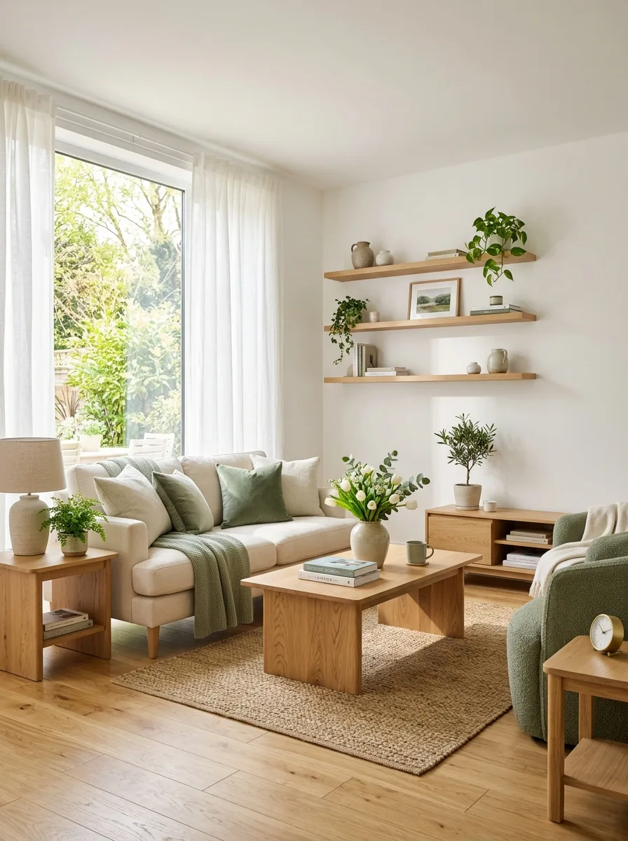 Living room with light oak furniture, neutral sofa, floating shelves, indoor plants, and woven area rug.