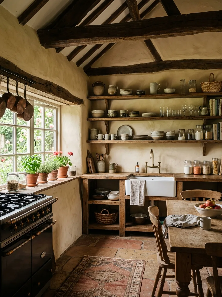 Warm ochre limewash kitchen walls with wood beams and white apron sink