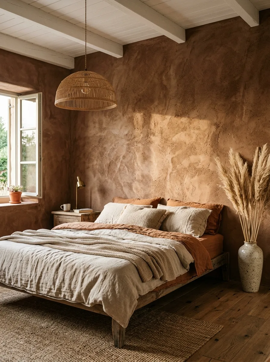 17 Dark Elegant Bedroom Ideas That Feel Cozy, Not Heavy 7 Textured limewash plaster wall in deep terracotta with natural linen bed rattan pendant and pampas grass in organic dark bedroom