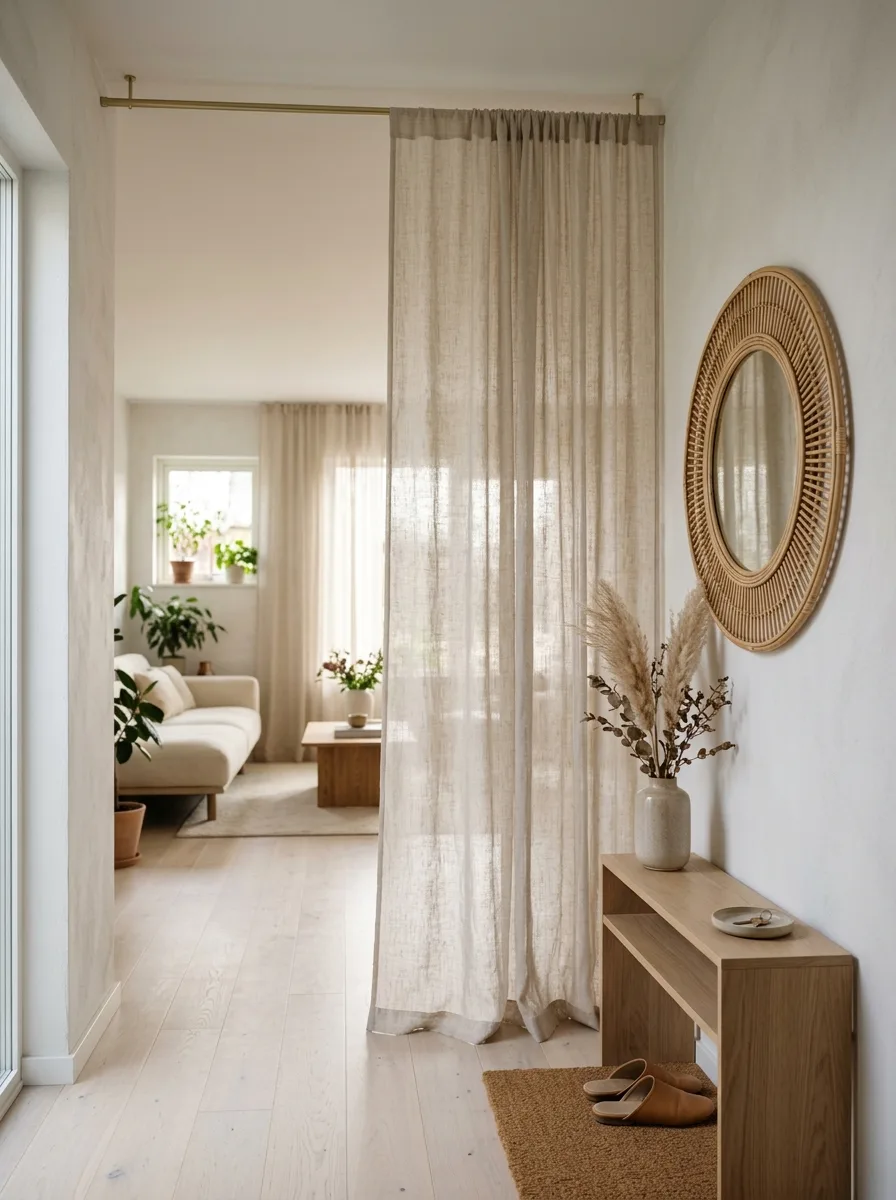 Japandi entryway decor with sheer linen curtain on brass ceiling rod, rattan wall mirror and pale oak flooring