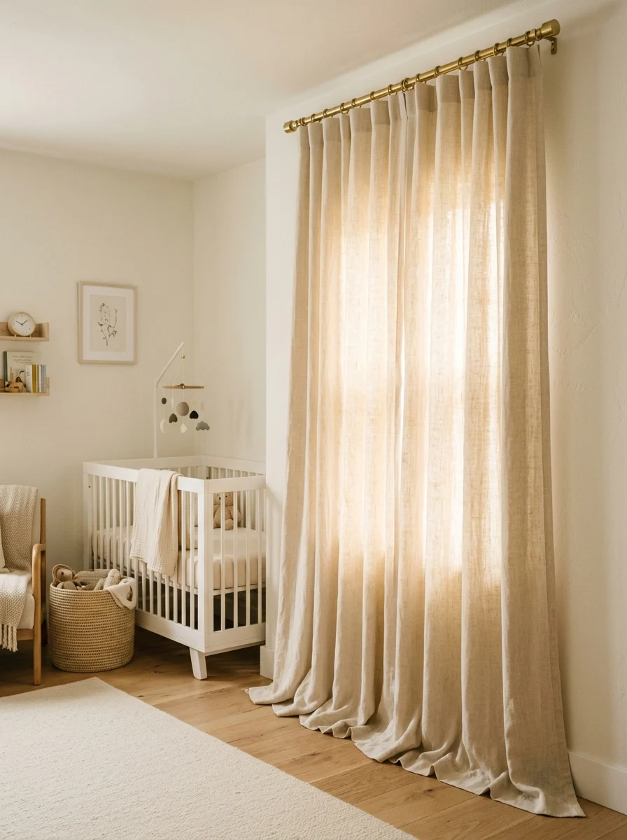 14 French-Inspired Nursery Ideas That Never Feel Outdated 7 Floor-length ivory linen curtains on a brass rod in a soft French nursery decor inspired room