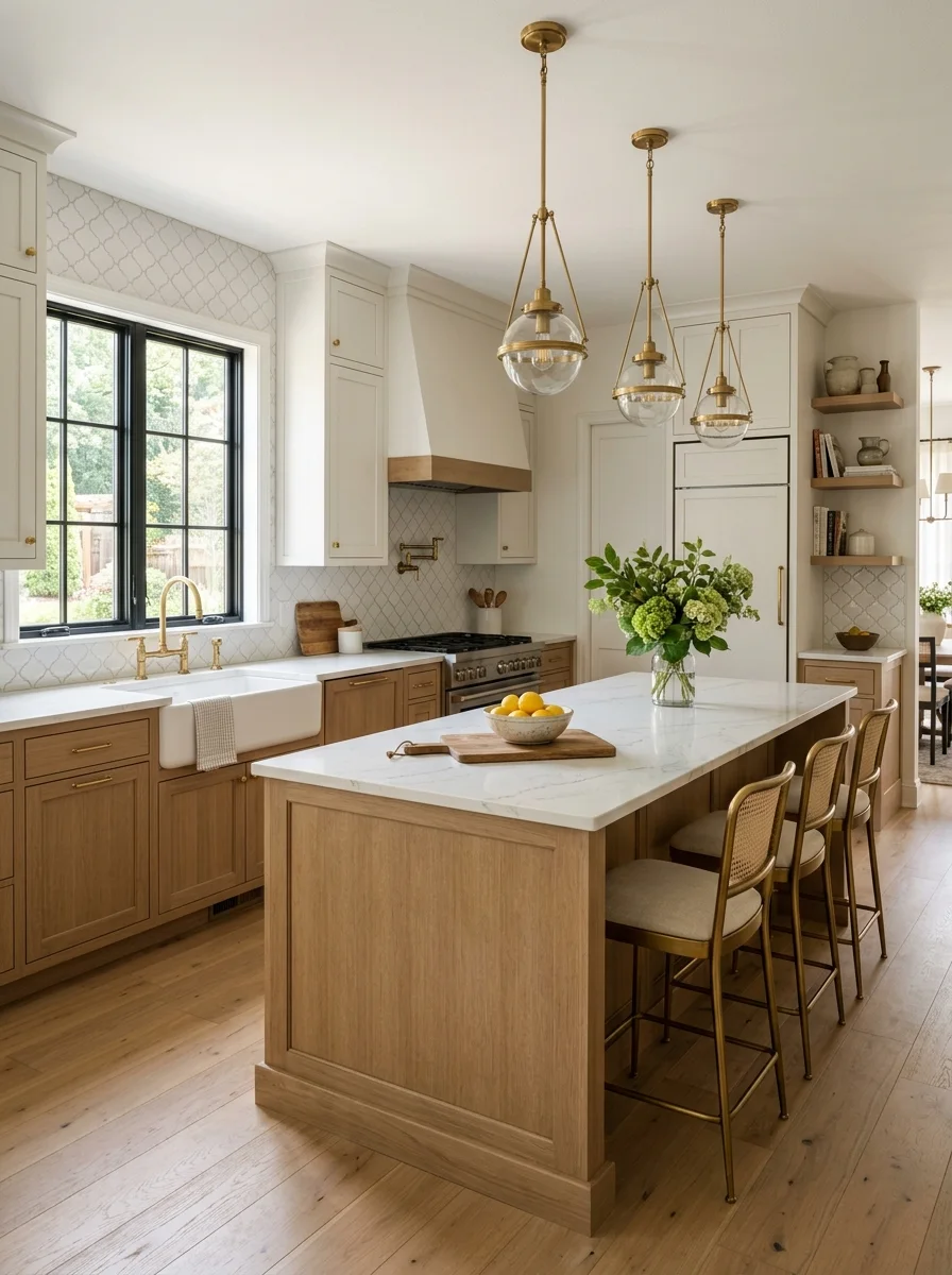 Linen white upper cabinets over wire brushed oak lowers in a bright warm kitchen