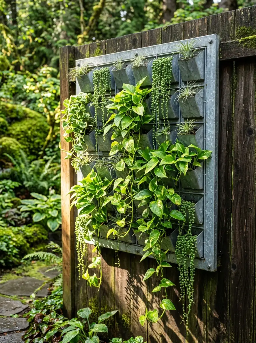 Vertical living plant wall with trailing pothos string-of-pearls and air plants in galvanized pockets mounted on a garden fence